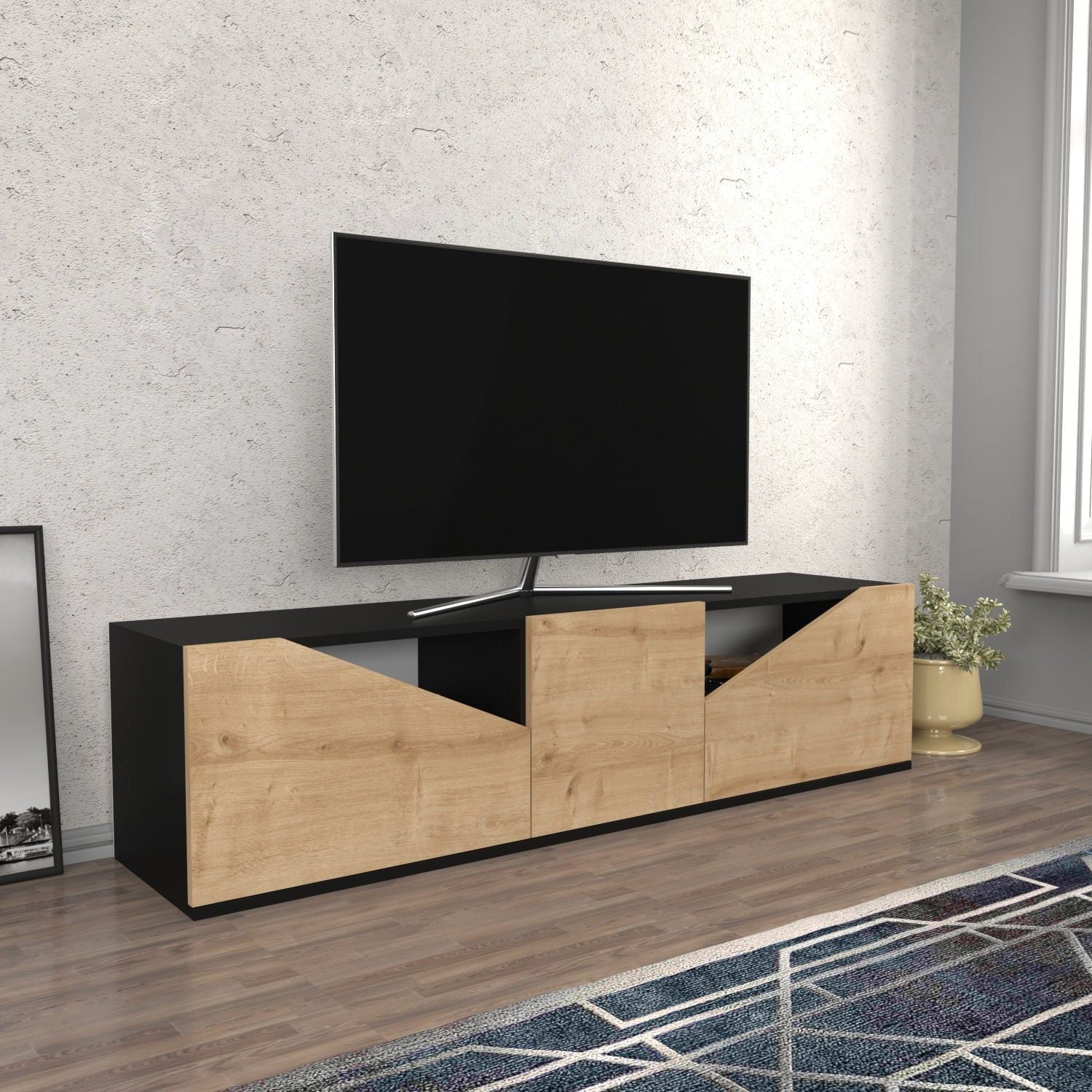 Comoda TV CARSON, stejar/negru, PAL melaminat, 160x35x40 cm