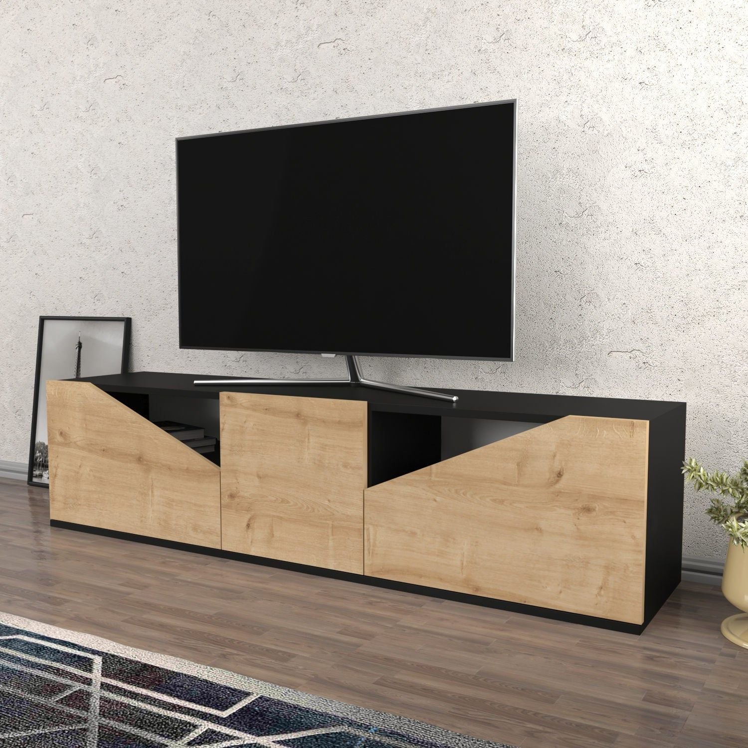 Comoda TV CARSON, stejar/negru, PAL melaminat, 160x35x40 cm