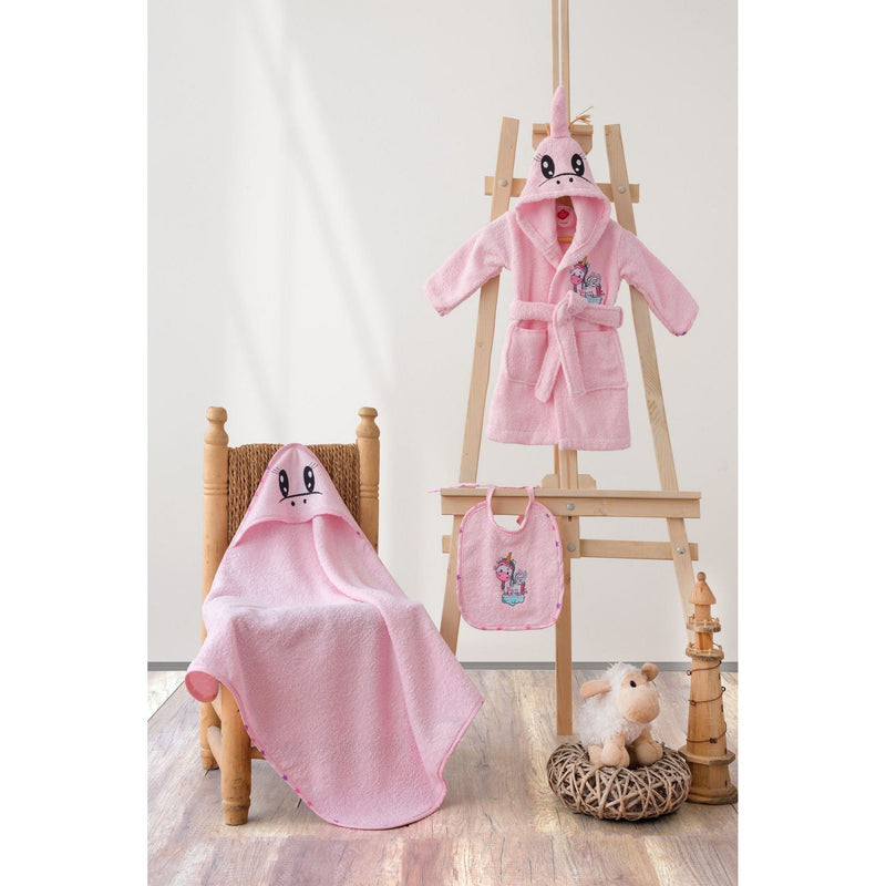 Set halat+prosop copii Unicorn, roz, 100% bumbac, 70x70 cm, 0-2 ani