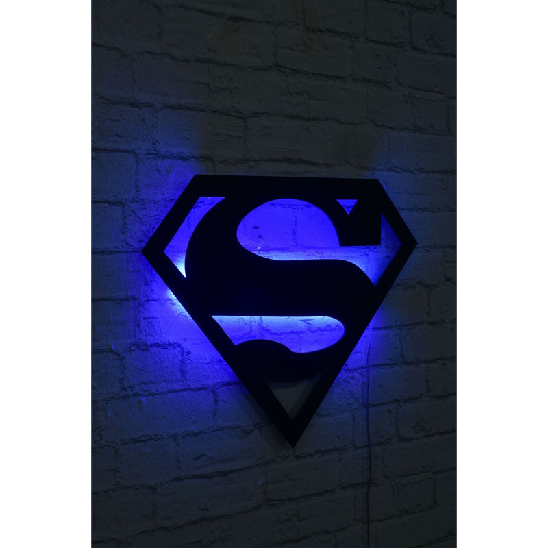 Accesoriu decorativ cu iluminare LED Superman, negru, banda LED cu lumina albastra, 52x40 cm