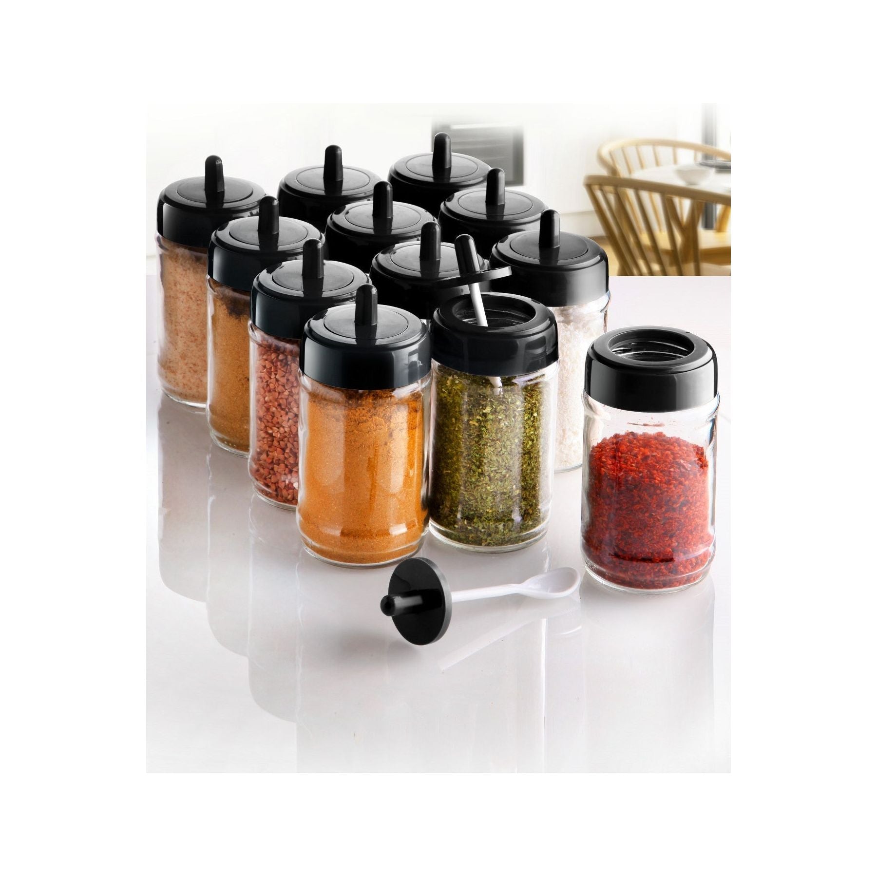 Set 12 recipiente condimente 430KSV1468, transparent/negru, sticla, 300 ml