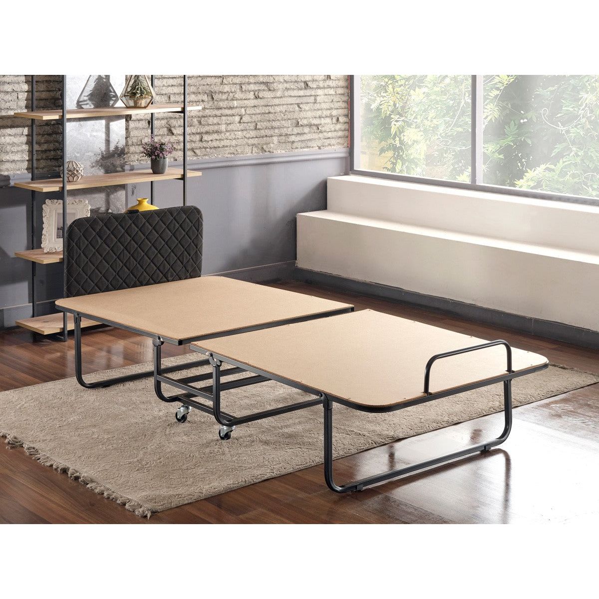 Pat pliabil XL Katlanir 90x200, stejar/negru, placaj/metal, cu saltea si somiera