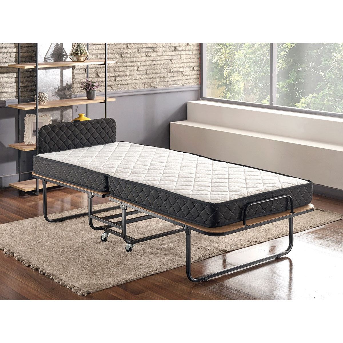 Pat pliabil XL Katlanir 90x200, stejar/negru, placaj/metal, cu saltea si somiera