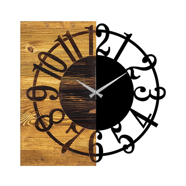 Ceas de perete Wooden Clock 1, nuc/negru, lemn/metal, 58x58x3 cm