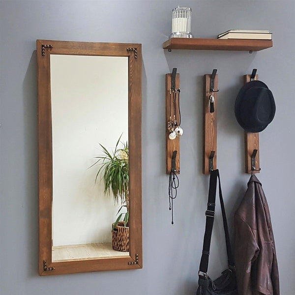 Cuier cu oglinda pentru hol V109, nuc, lemn de pin, 50x110 cm