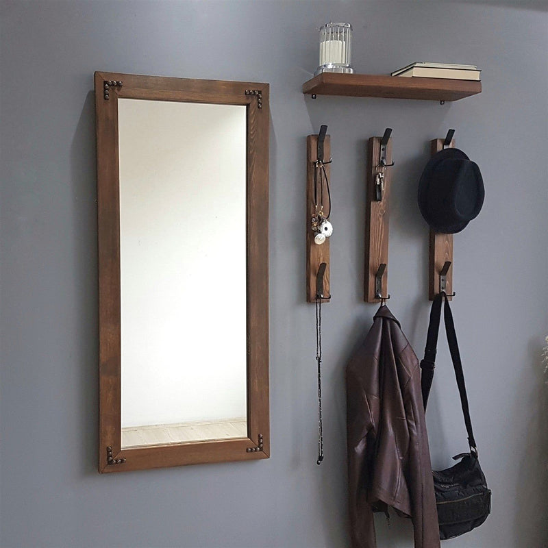 Cuier cu oglinda pentru hol V109, nuc, lemn de pin, 50x110 cm