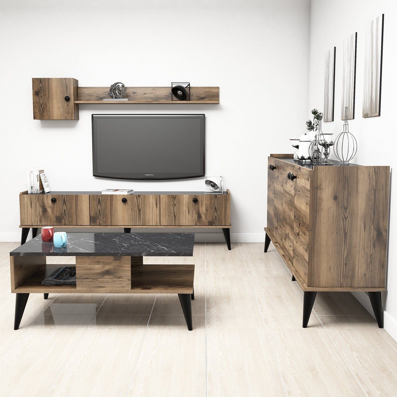 Mobilier living LIDYA, stejar canyon/negru cu efect de marmura, PAL melaminat, 5 piese