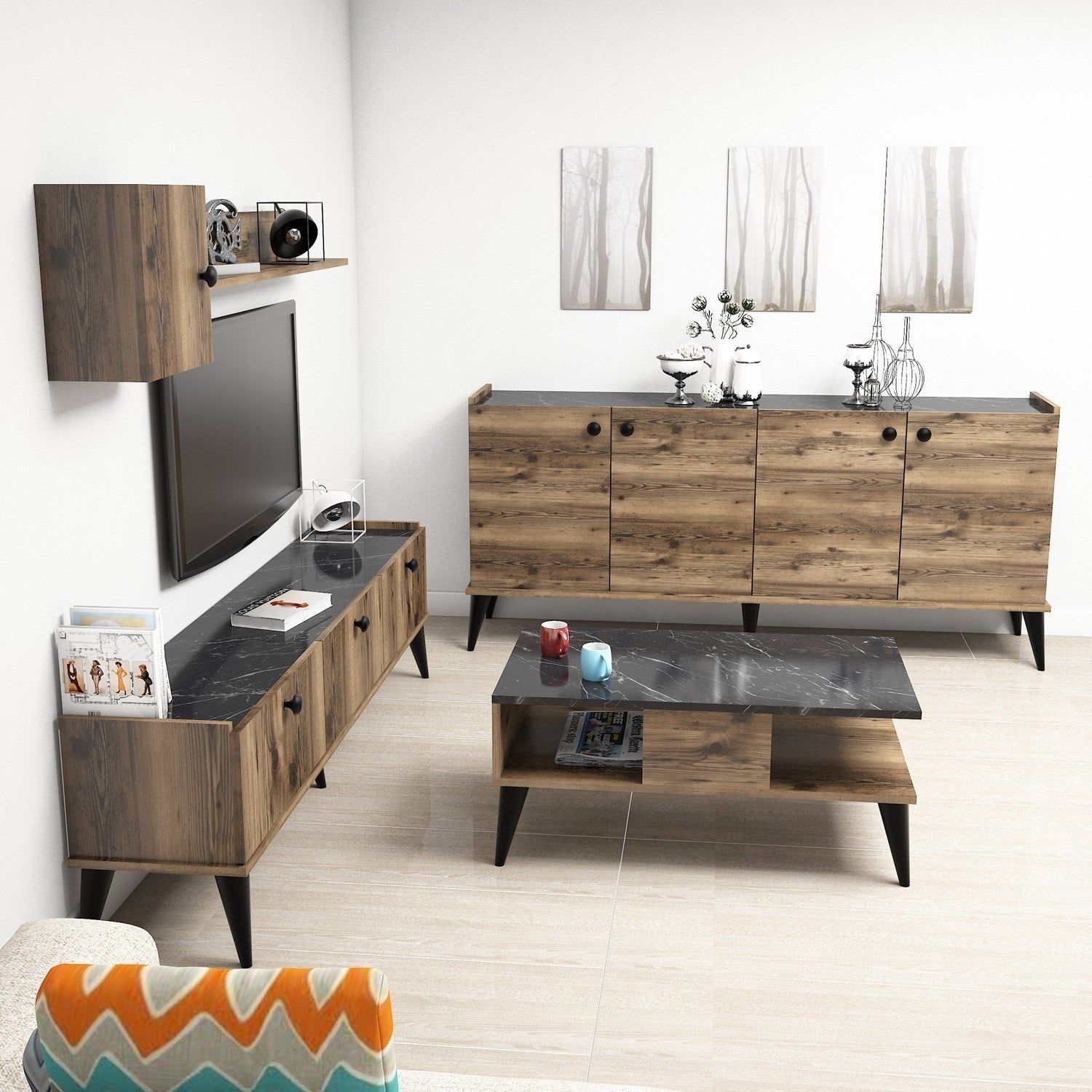 Mobilier living LIDYA, stejar canyon/negru cu efect de marmura, PAL melaminat, 5 piese