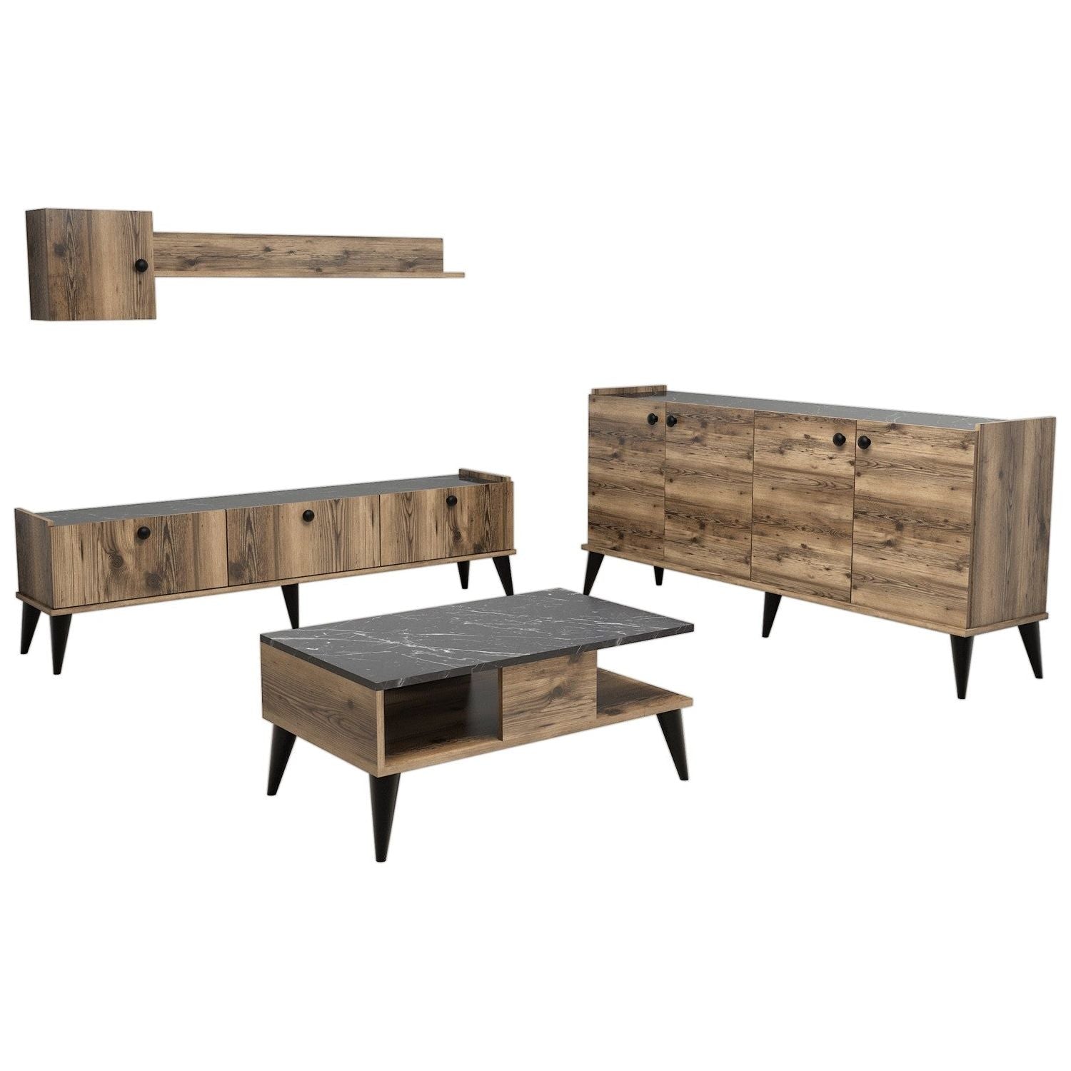 Mobilier living LIDYA, stejar canyon/negru cu efect de marmura, PAL melaminat, 5 piese
