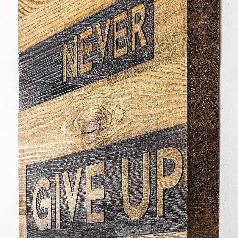 Decoratiune perete Never Give Up, stejar/negru, lemn, 30x3x58 cm