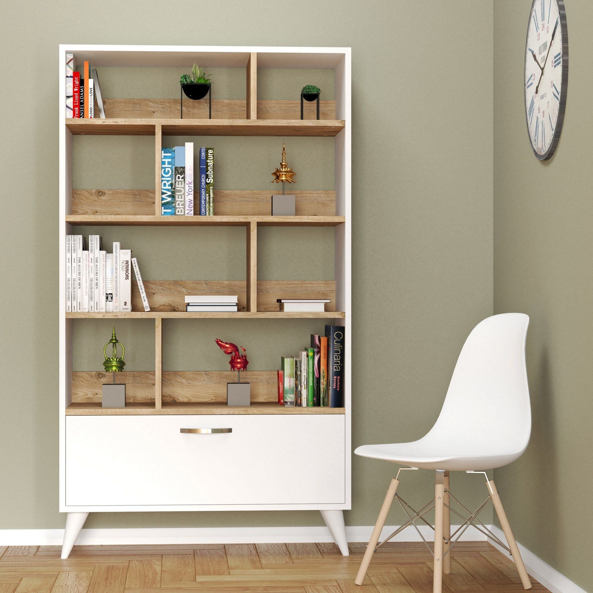Biblioteca KTB0201, alb/stejar, PAL melaminat, 90x36x160 cm