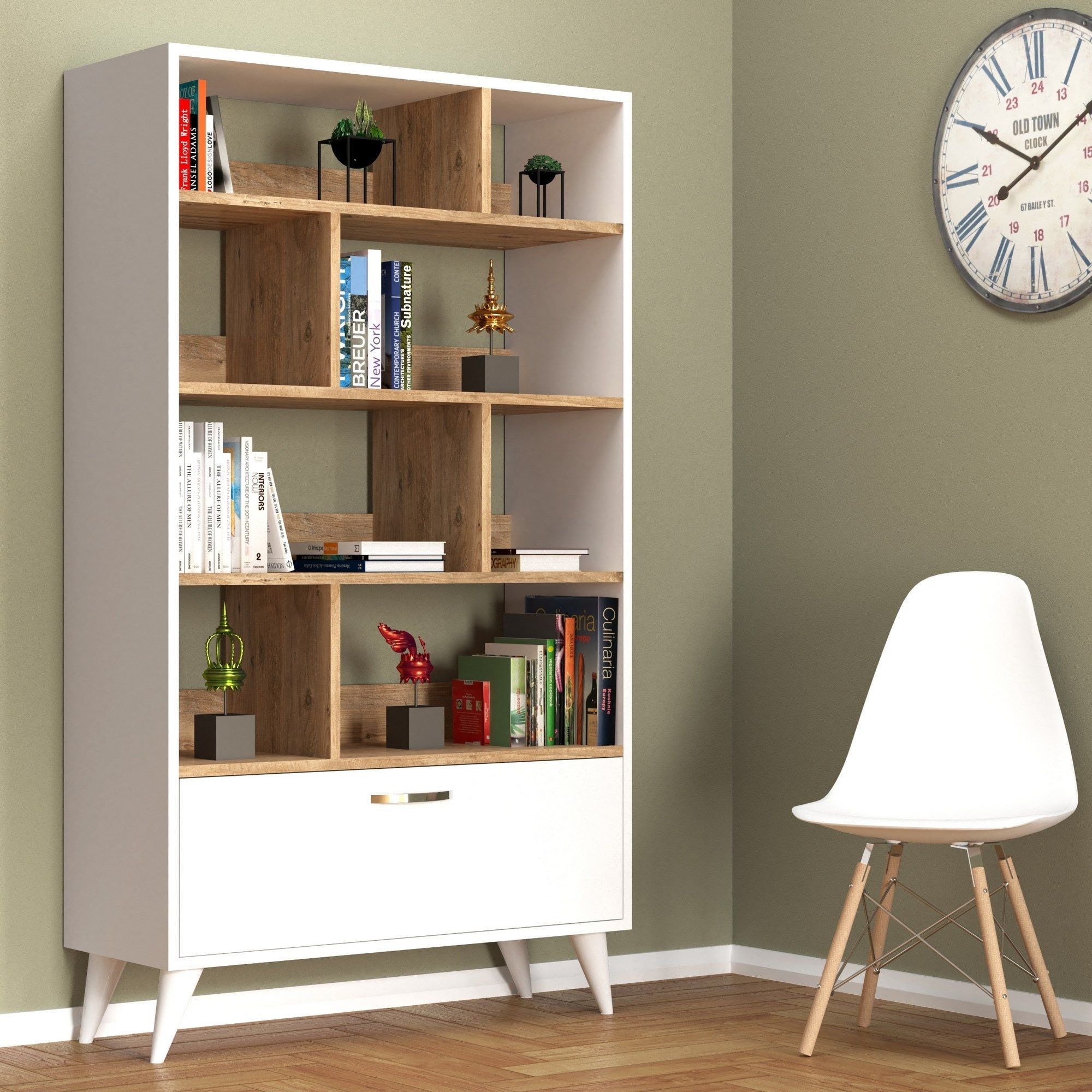 Biblioteca KTB0201, alb/stejar, PAL melaminat, 90x36x160 cm