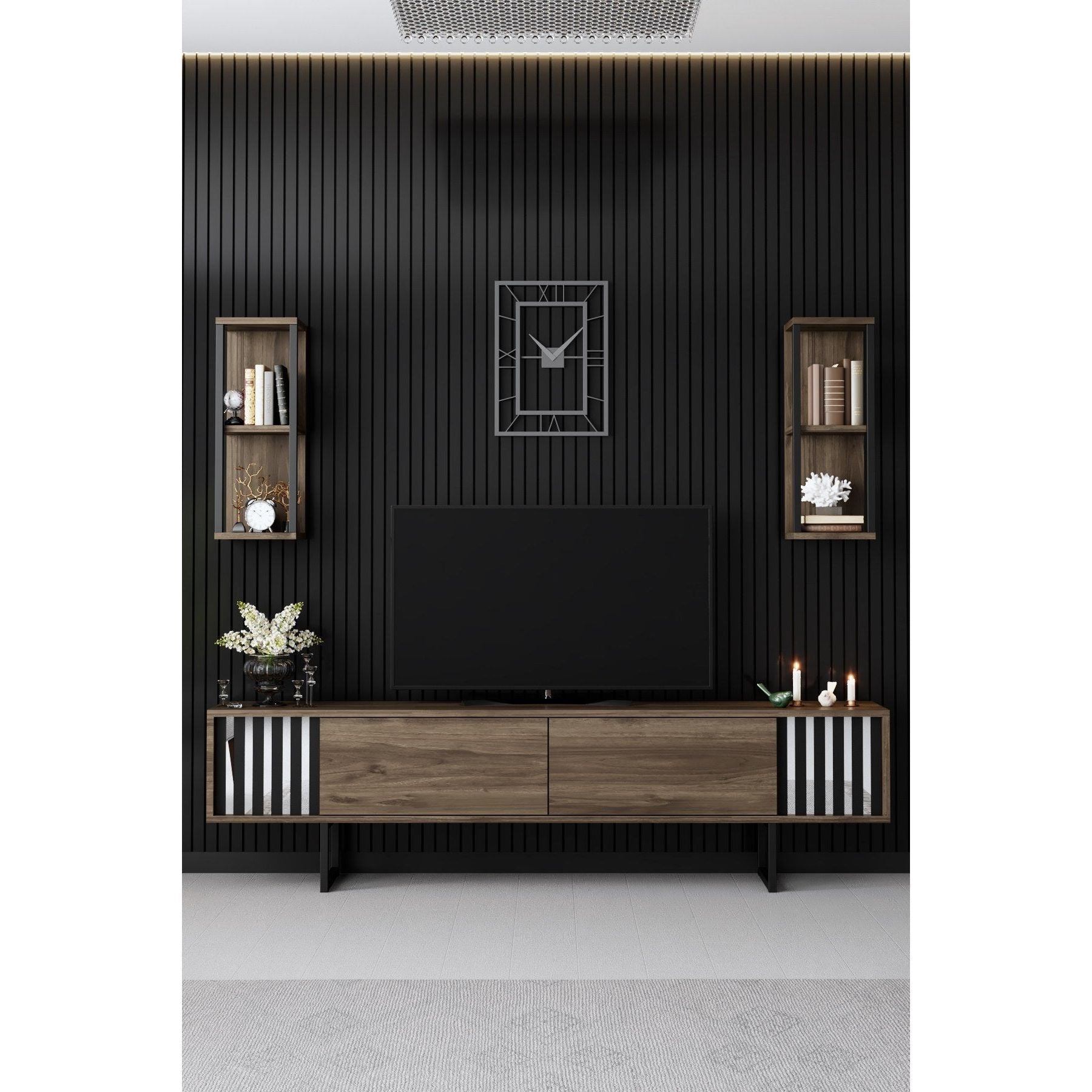 Mobilier living CHROME LINE, nuc/negru, PAL melaminat/metal, 3 piese