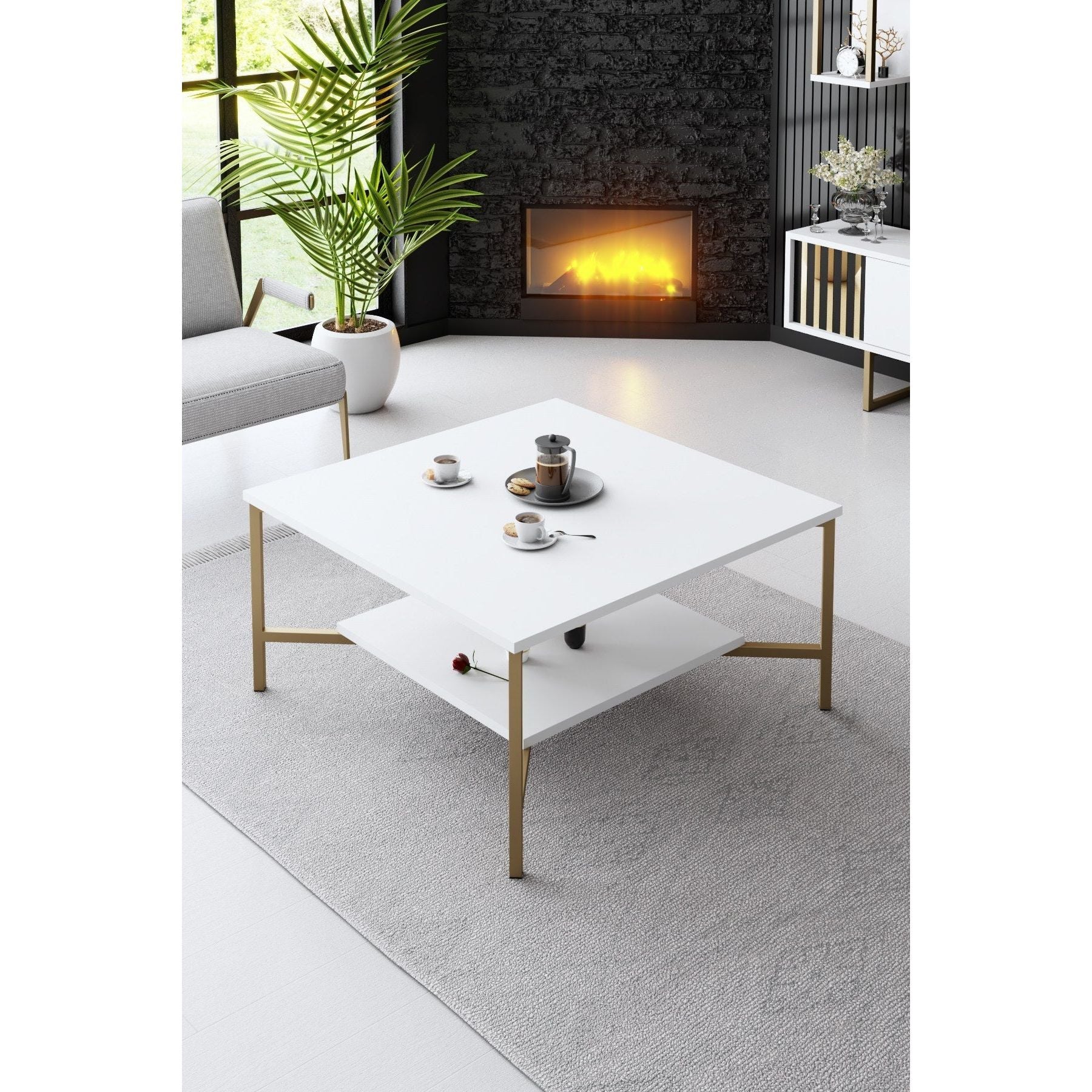 Mobilier living GOLD LINE, alb/auriu, PAL melaminat/metal, 4 piese