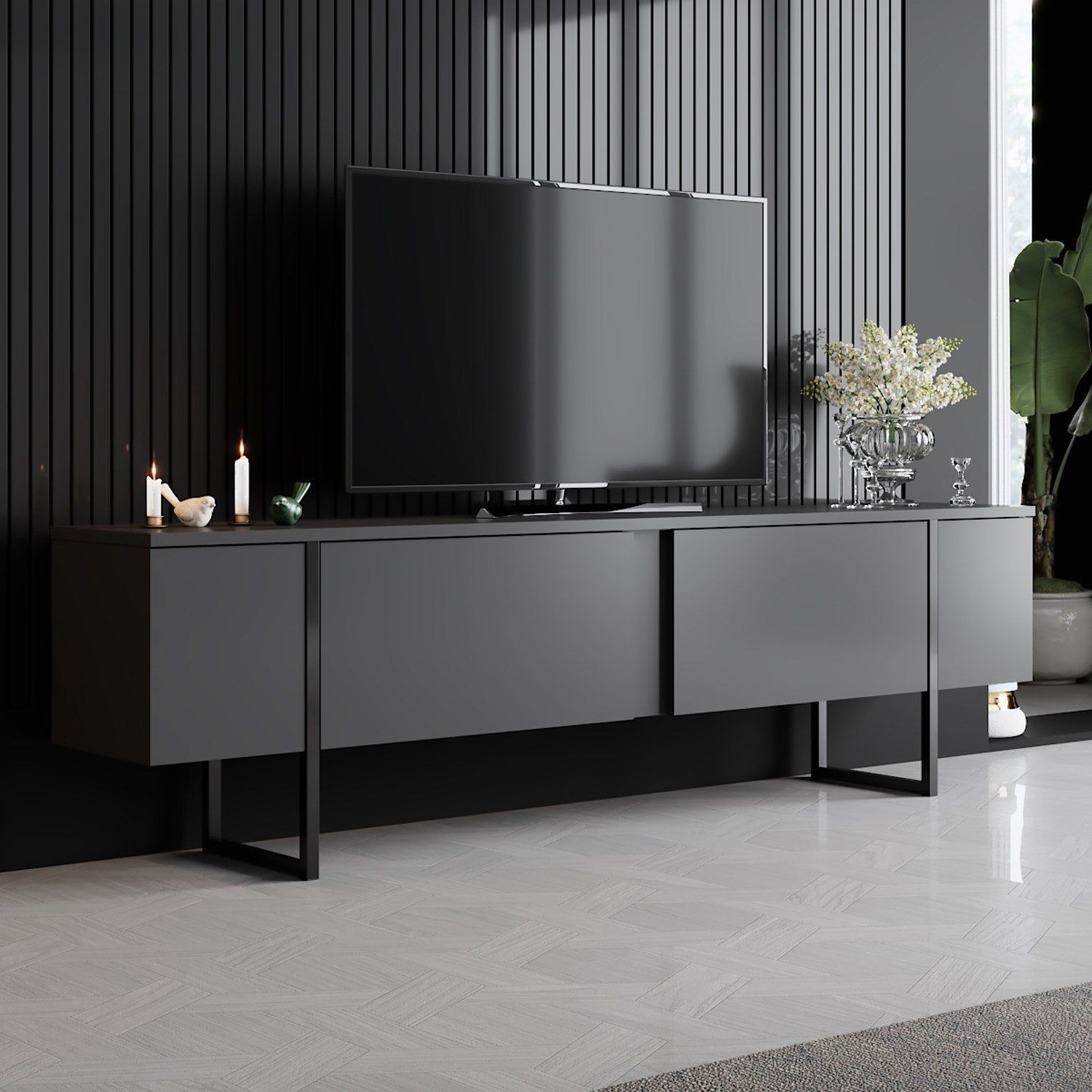 Mobilier living LUXE, gri antracit/negru, PAL melaminat/metal, 2 piese