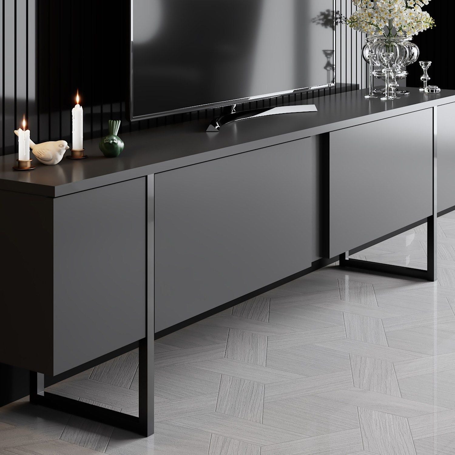 Mobilier living LUXE, gri antracit/negru, PAL melaminat/metal, 2 piese