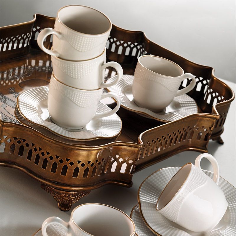 Set 6 cesti cu 6 farfurii MLN12KT14R520, alb, portelan, 50 ml