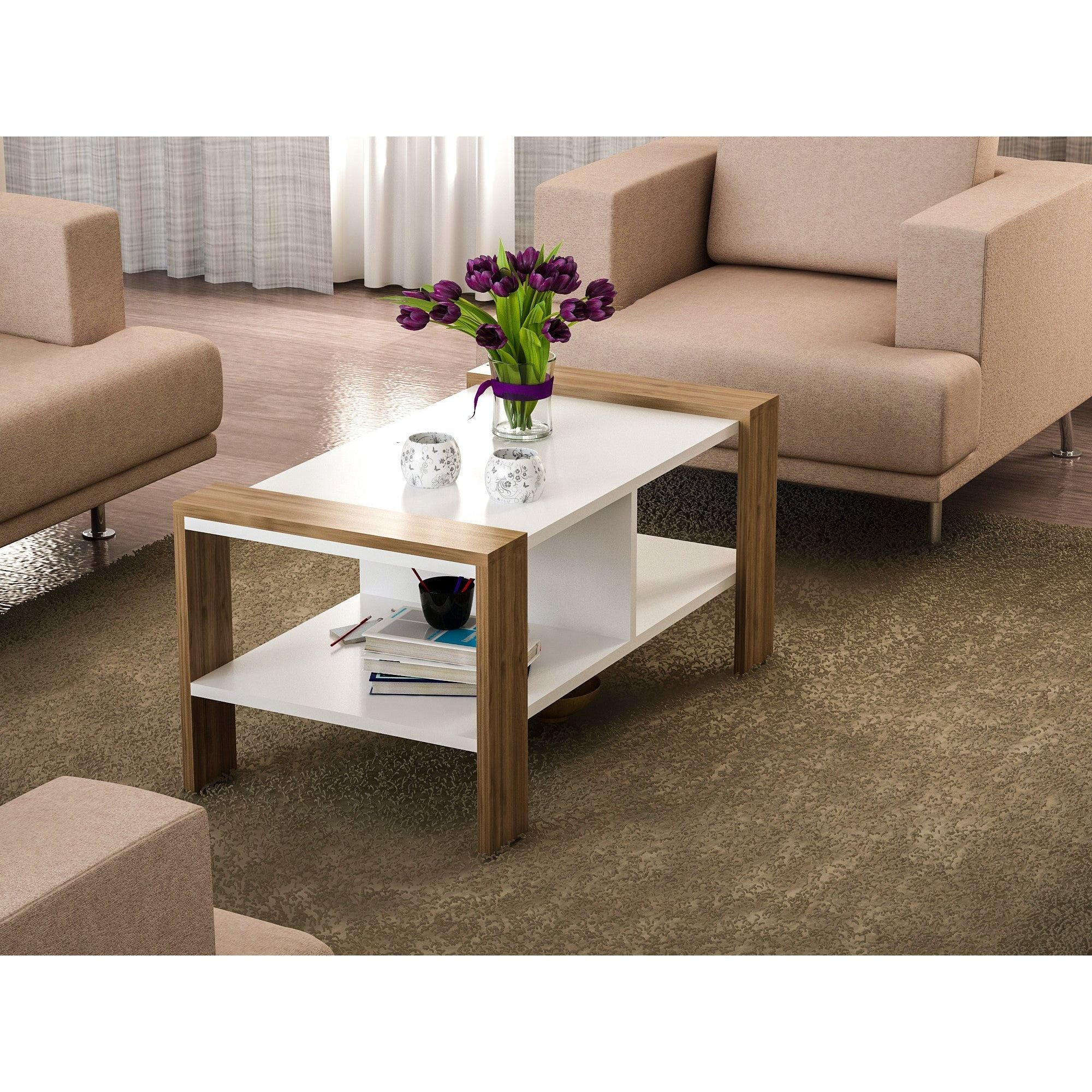 Masuta cafea Erica, alb/nuc, PAL melaminat, 90x60x42 cm