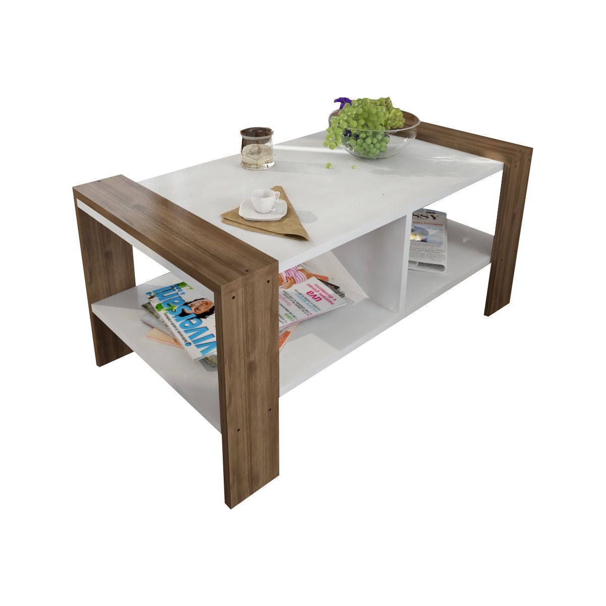 Masuta cafea Erica, alb/nuc, PAL melaminat, 90x60x42 cm