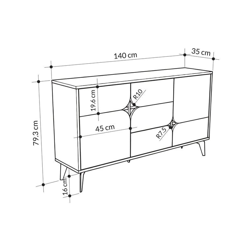 Comoda SPARK, stejar/gri/negru, PAL melaminat/metal, 140x35x79 cm