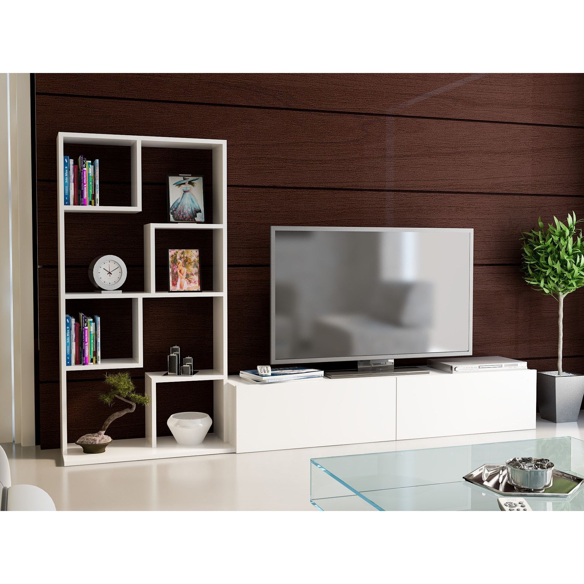 Mobilier living BARE, alb, PAL melaminat, 2 piese, 220x34x134 cm