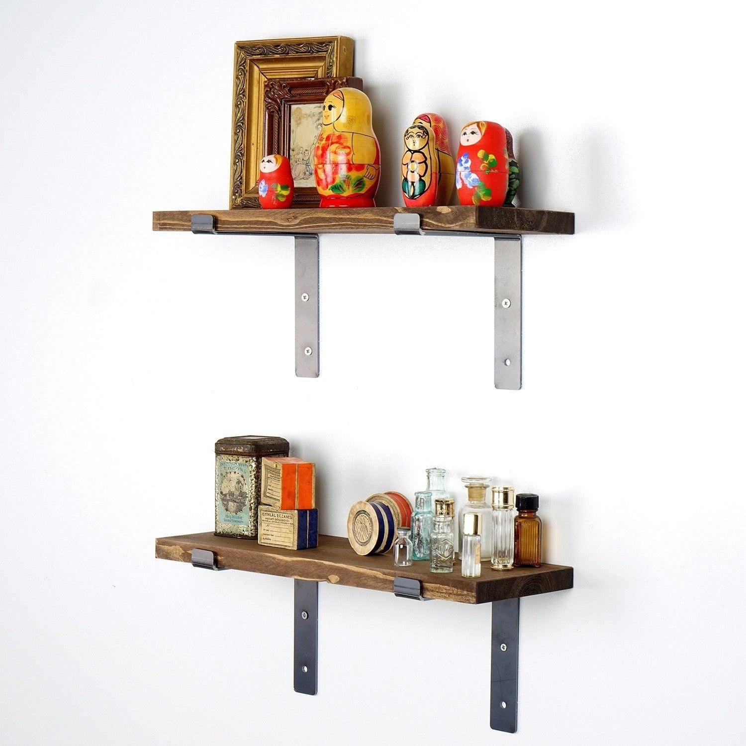 Set 2 polite LAM003, maro, lemn de molid/metal, 40x14x16 cm