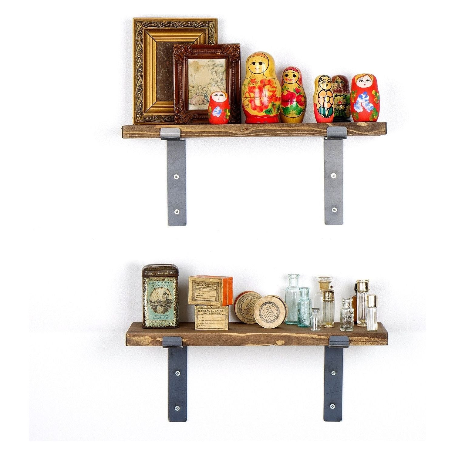 Set 2 polite LAM003, maro, lemn de molid/metal, 40x14x16 cm