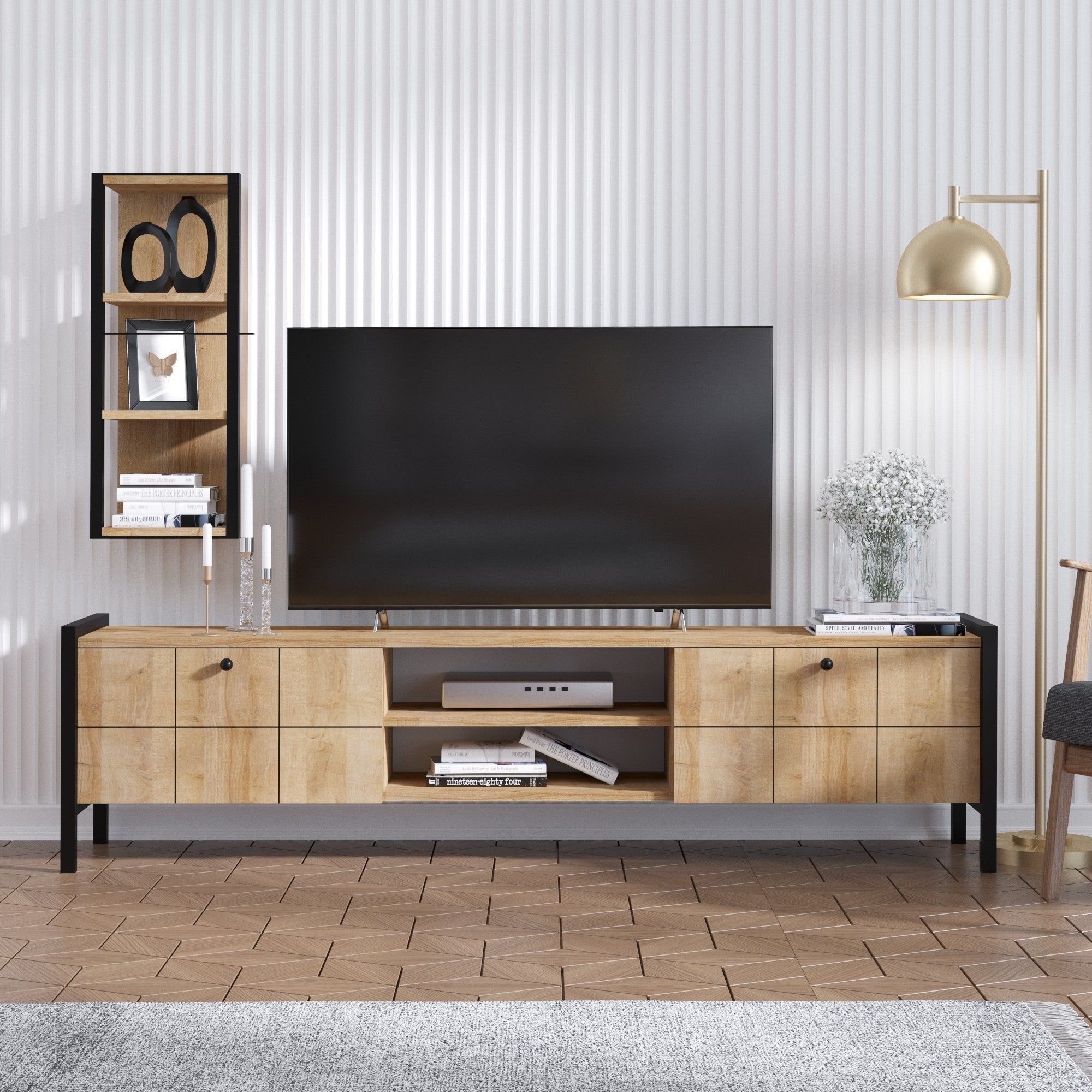 Mobilier living PAOLA, stejar deschis/negru, PAL melaminat, 2 piese