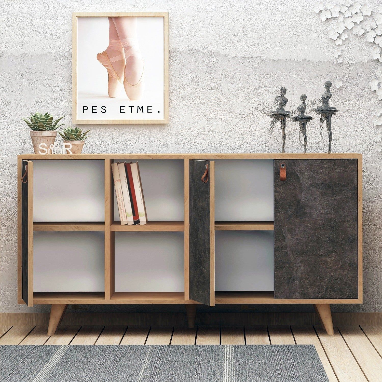 Comoda Planky,stejar/gri antracit, PAL melaminat, 140x40x86 cm