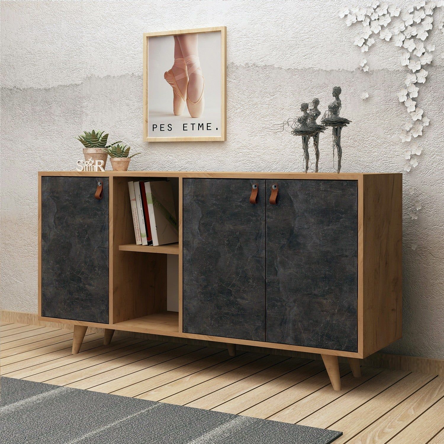 Comoda Planky,stejar/gri antracit, PAL melaminat, 140x40x86 cm