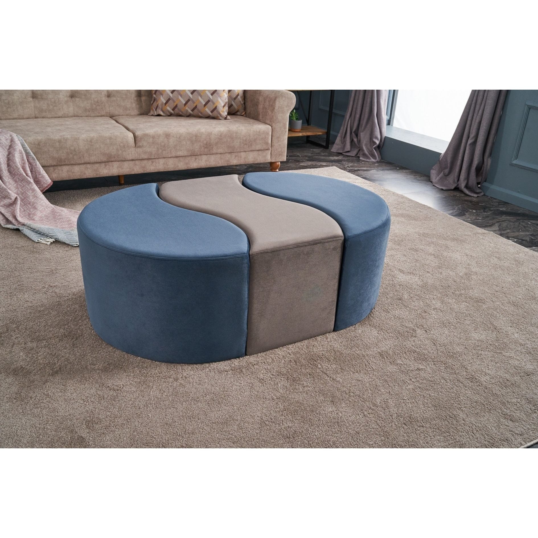 Set 3 taburete ALYA, stofa catifelata albastru/gri, 120x80x40 cm