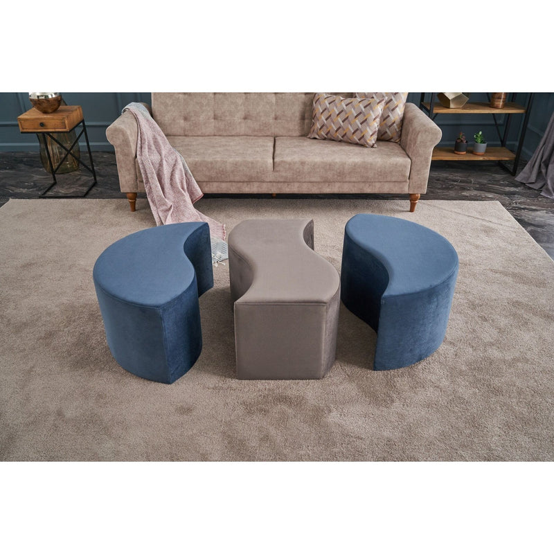 Set 3 taburete Alya, albastru/gri, stofa catifelata, 120x80x40 cm