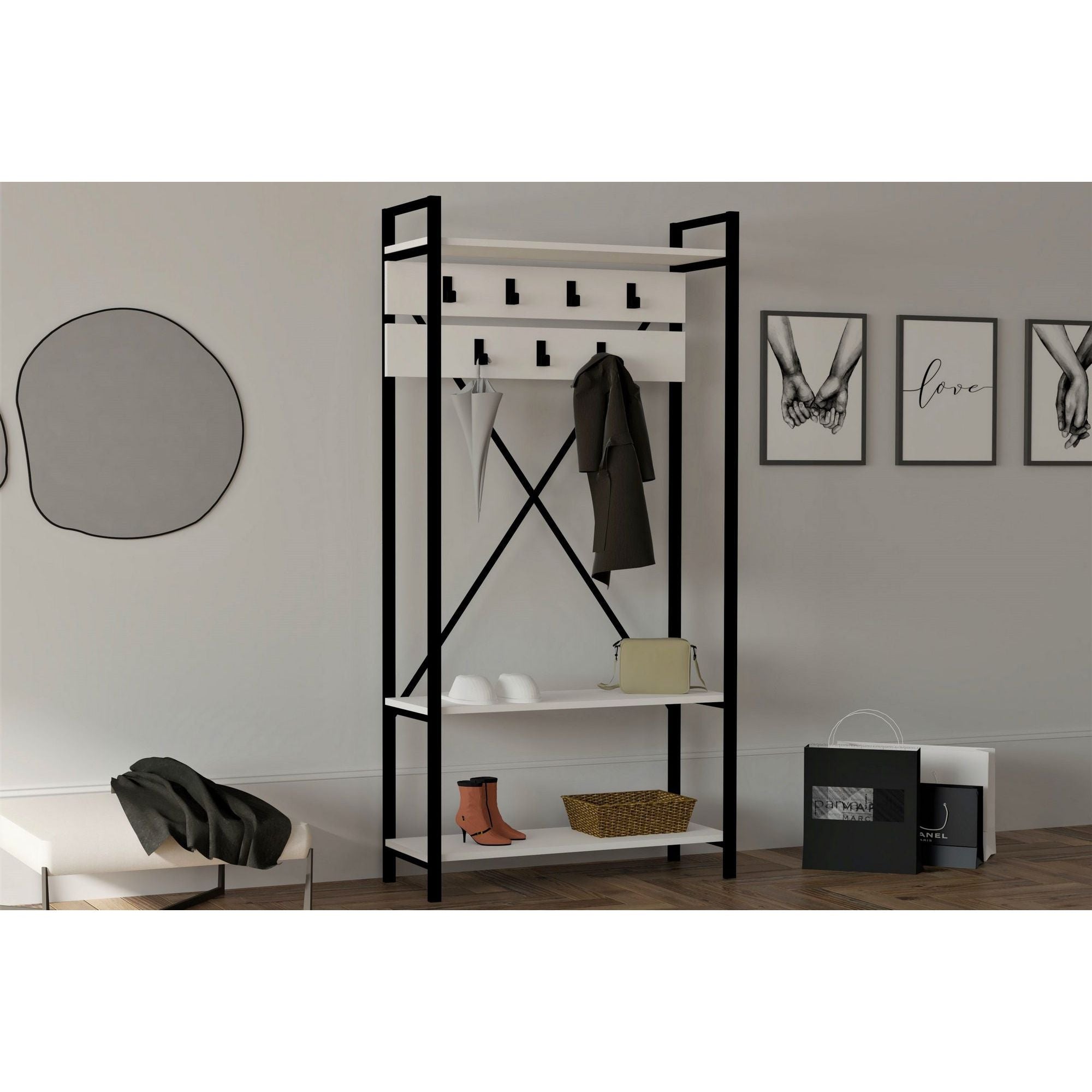 Mobilier hol ALFA, alb/negru, PAL melaminat, 90x34x180 cm