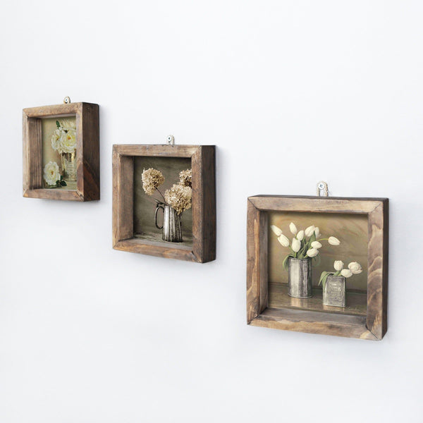 Set 3 Tablouri UKZM021, lemn de pin, maro-imprimeu floral, 15x15 cm