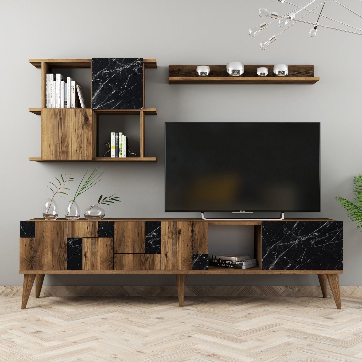 Mobilier living MADRID, nuc/negru cu efect de marmura, PAL melaminat, 3 piese