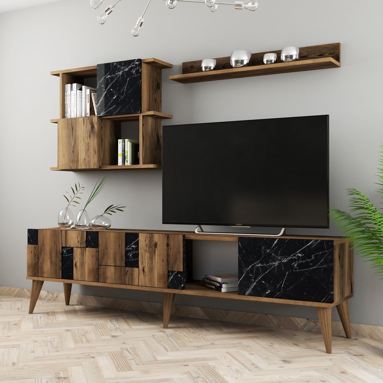 Mobilier living MADRID, nuc/negru cu efect de marmura, PAL melaminat, 3 piese