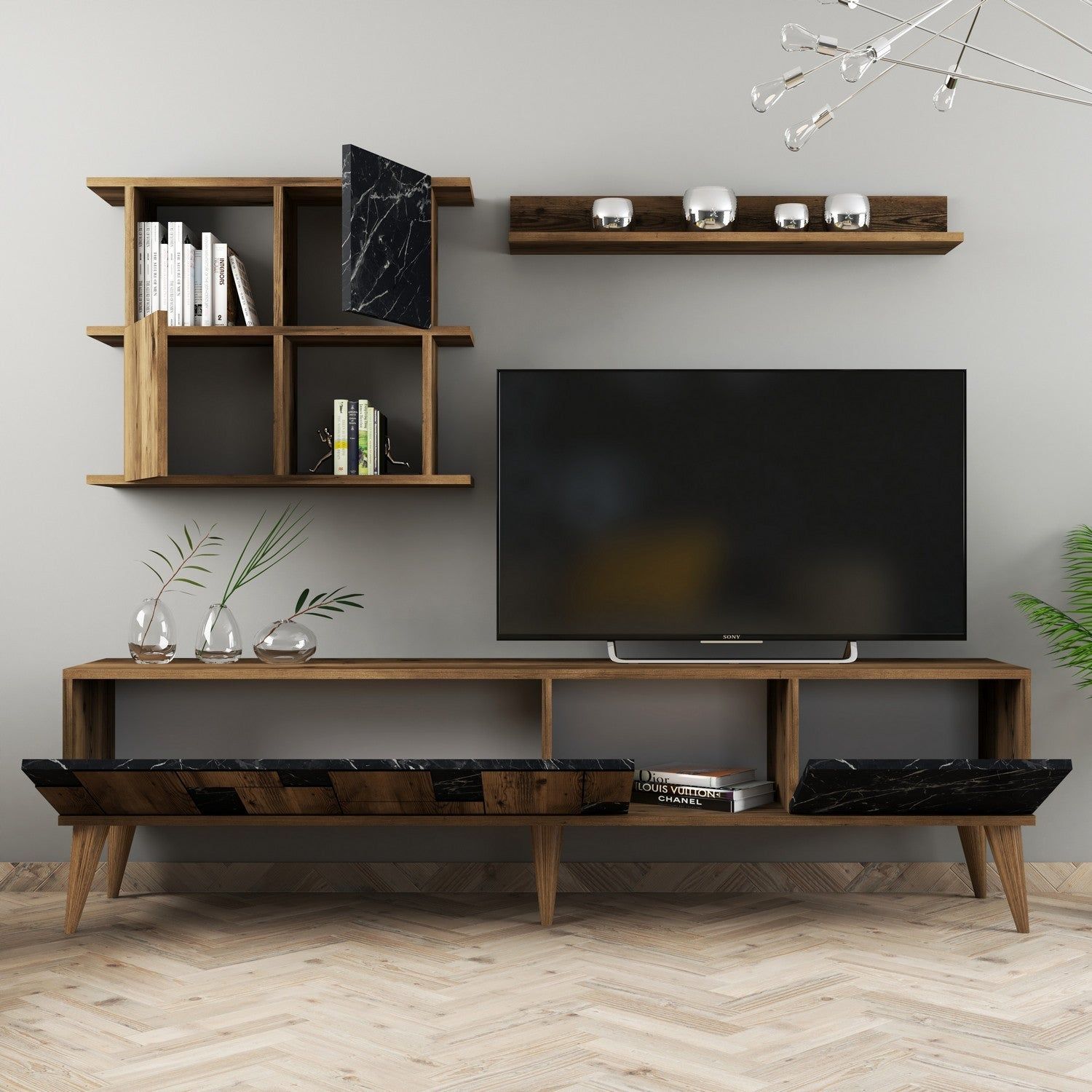 Mobilier living MADRID, nuc/negru cu efect de marmura, PAL melaminat, 3 piese