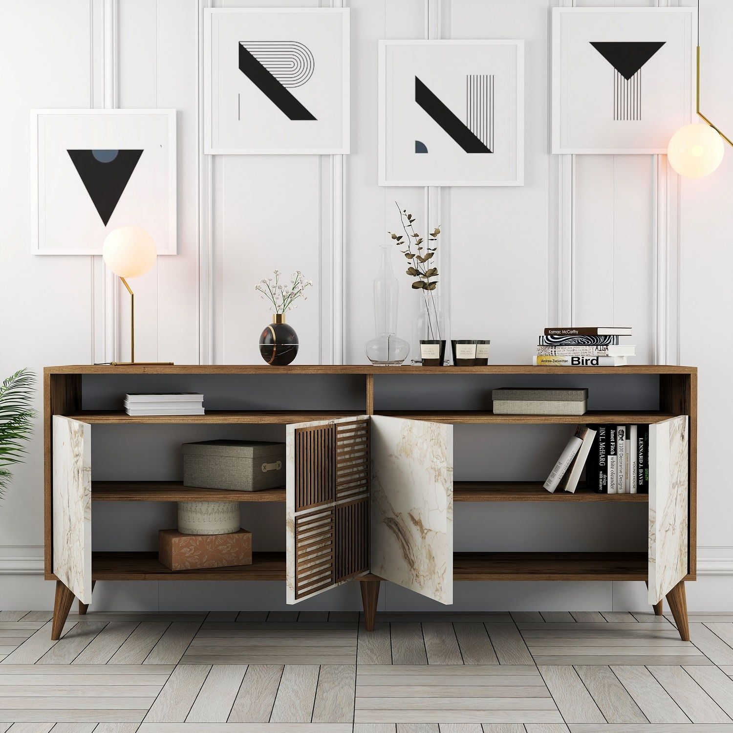 Comoda Milan, alun/alb cu efect de marmura, PAL melaminat, 180x35x79 cm
