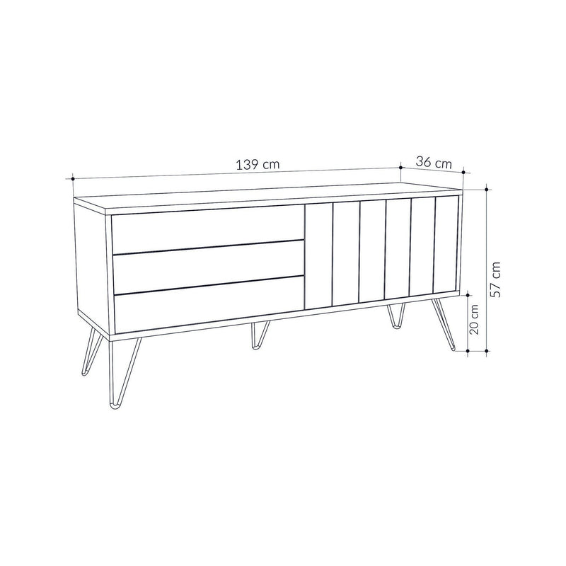 Comoda TV PICADILLY, alb/stejar/negru, PAL melaminat/metal, 139x36x57 cm