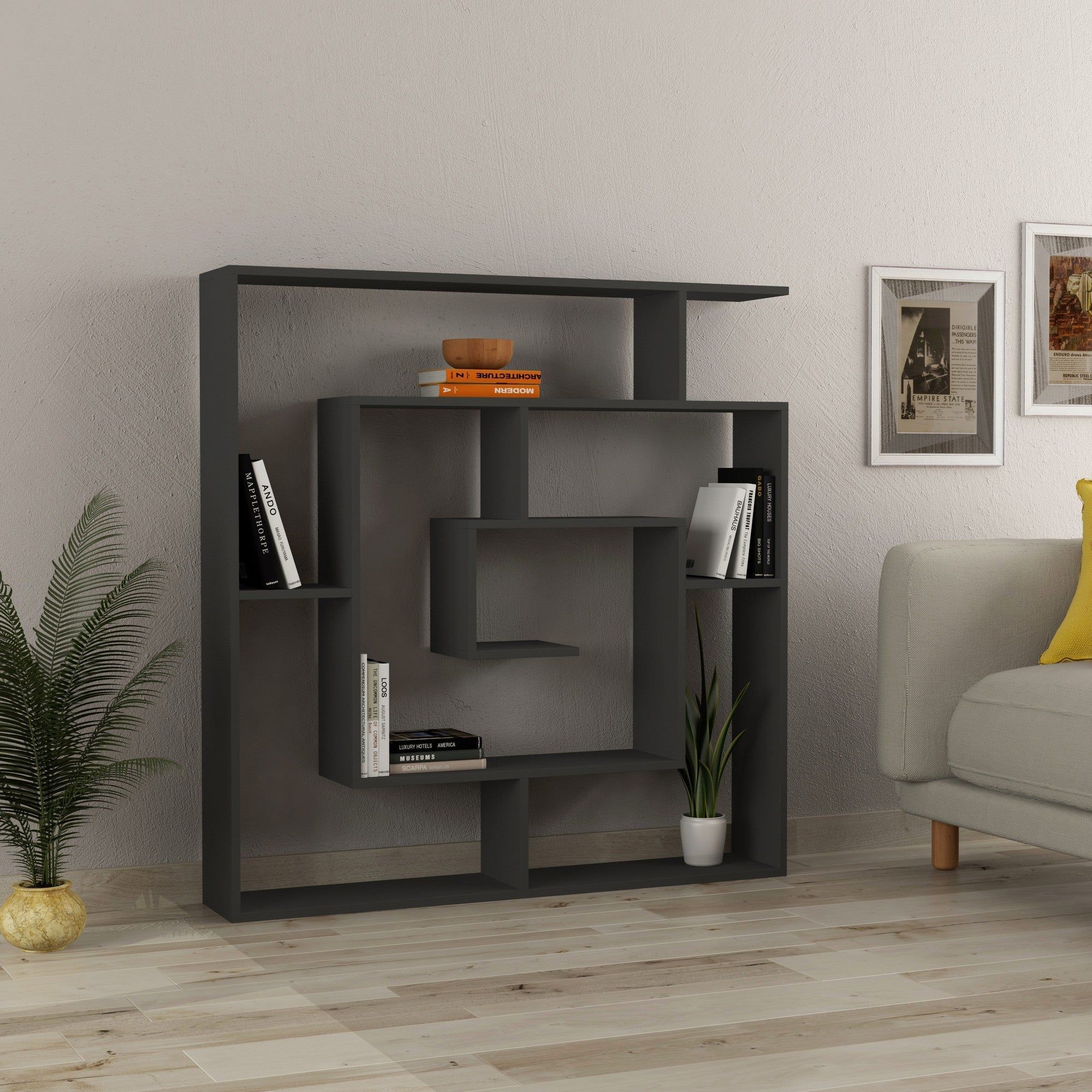 Etajera MAZE, gri antracit, PAL melaminat, 125x22x129 cm