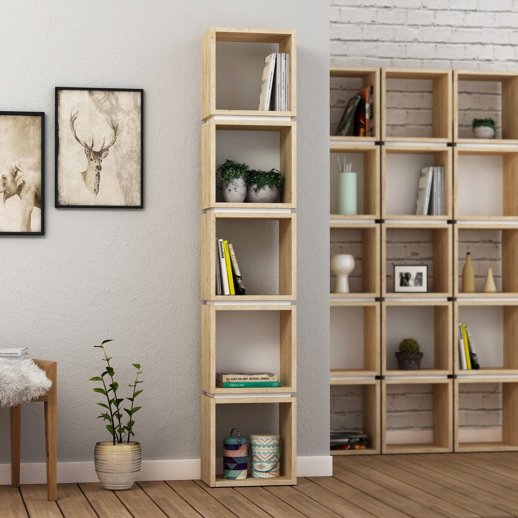 Biblioteca MULTI, stejar/alb, PAL melaminat, 32x22x167 cm