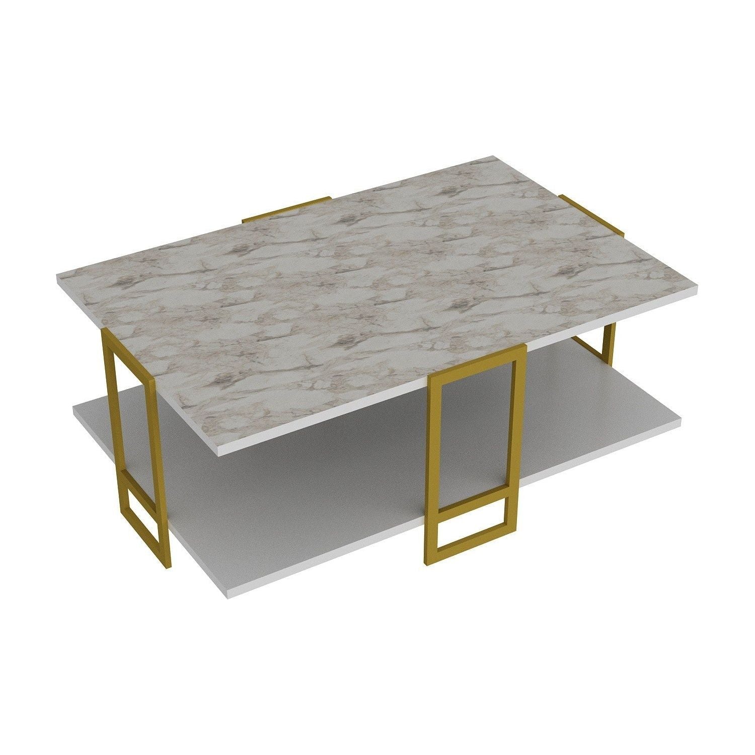 Masuta cafea Polka, alb cu efect de marmura/auriu, PAL melaminat/metal, 92x62x37 cm