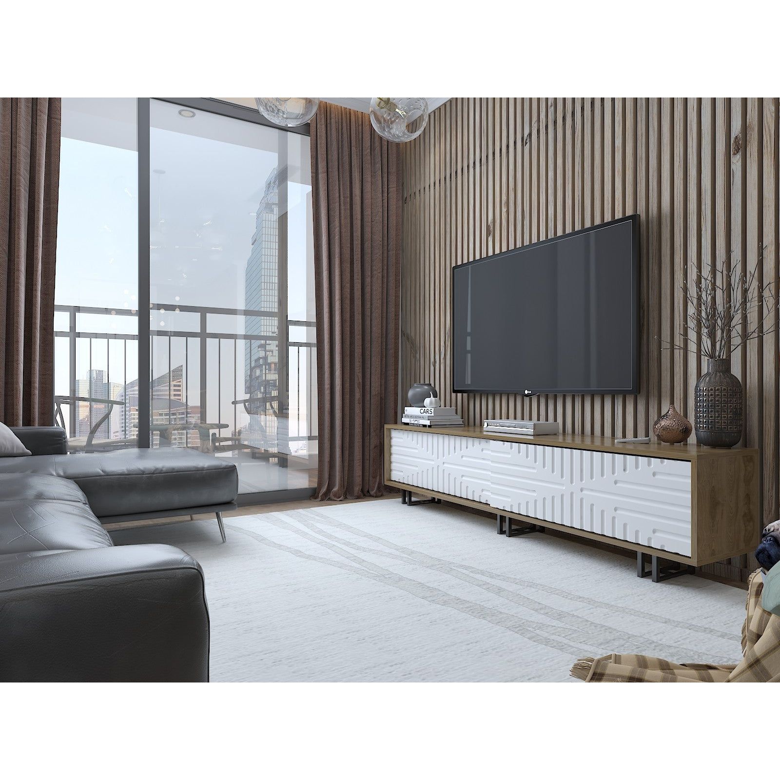 Comoda TV Askal, stejar/alb, PAL melaminat/metal, 180x35x47 cm