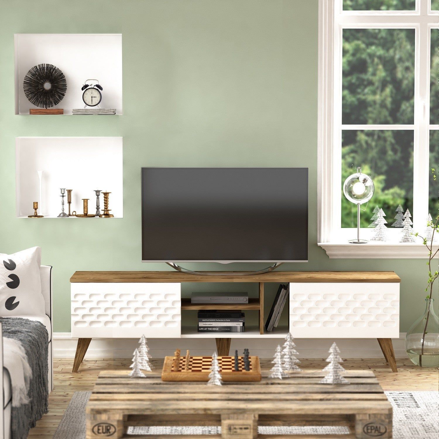 Comoda TV Egg, stejar/alb, PAL melaminat, 180x35x53 cm