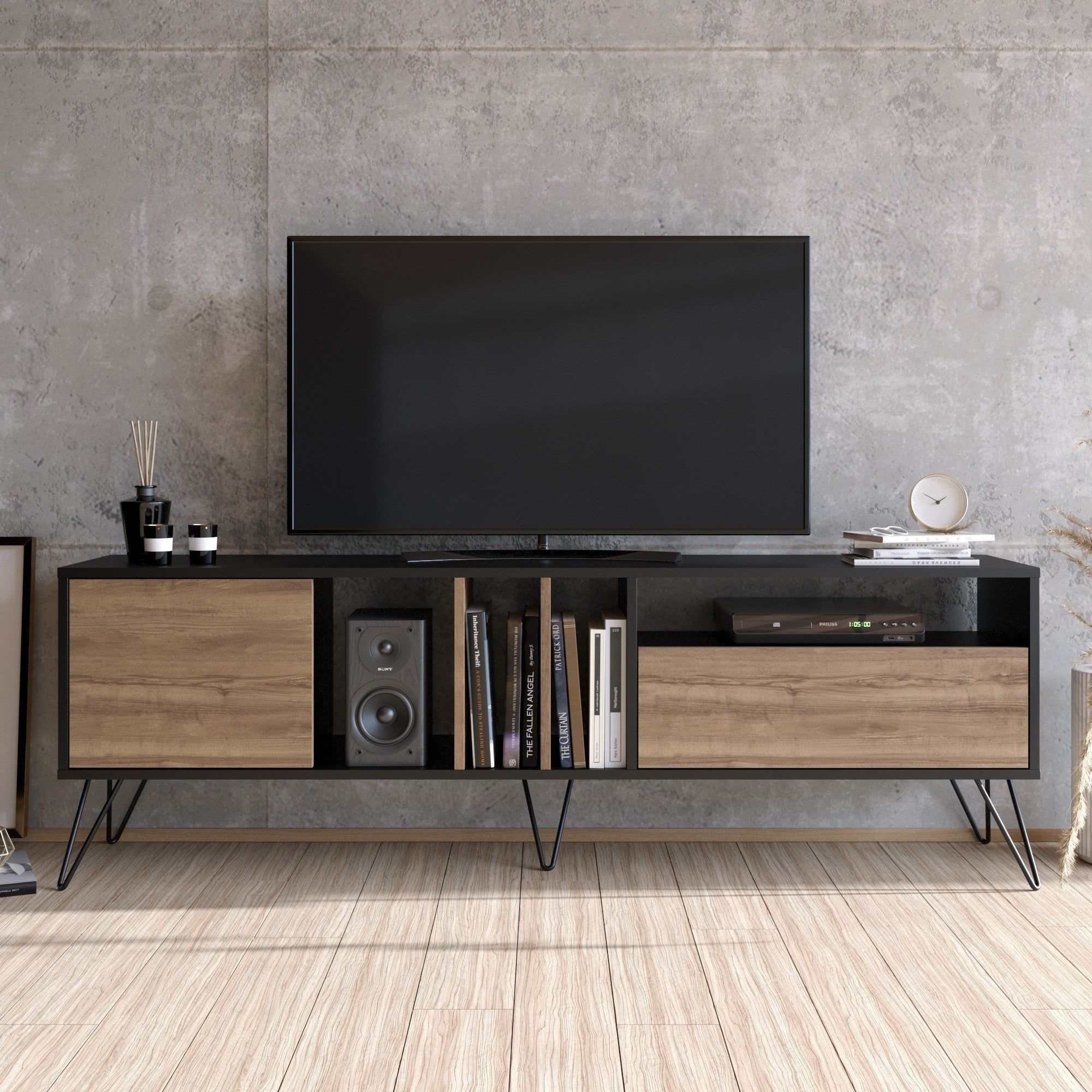 Comoda TV Mistico, alun/negru, PAL melaminat/metal, 180x36x59 cm