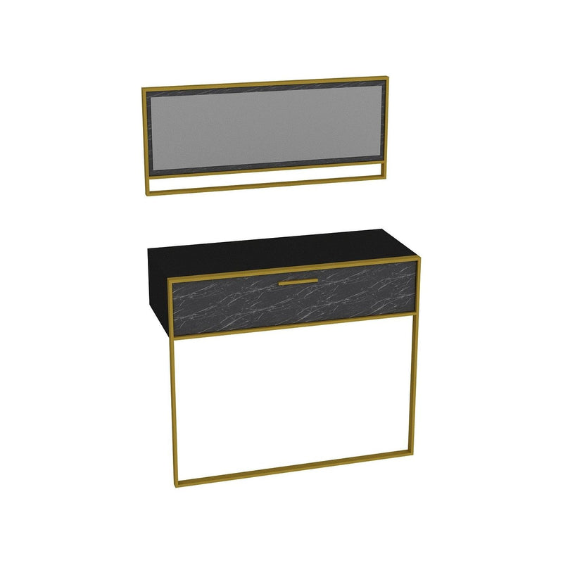 Set consola si oglinda Polka Aynalı, 100% PAL melaminat, auriu/negru, 90x77x39 cm