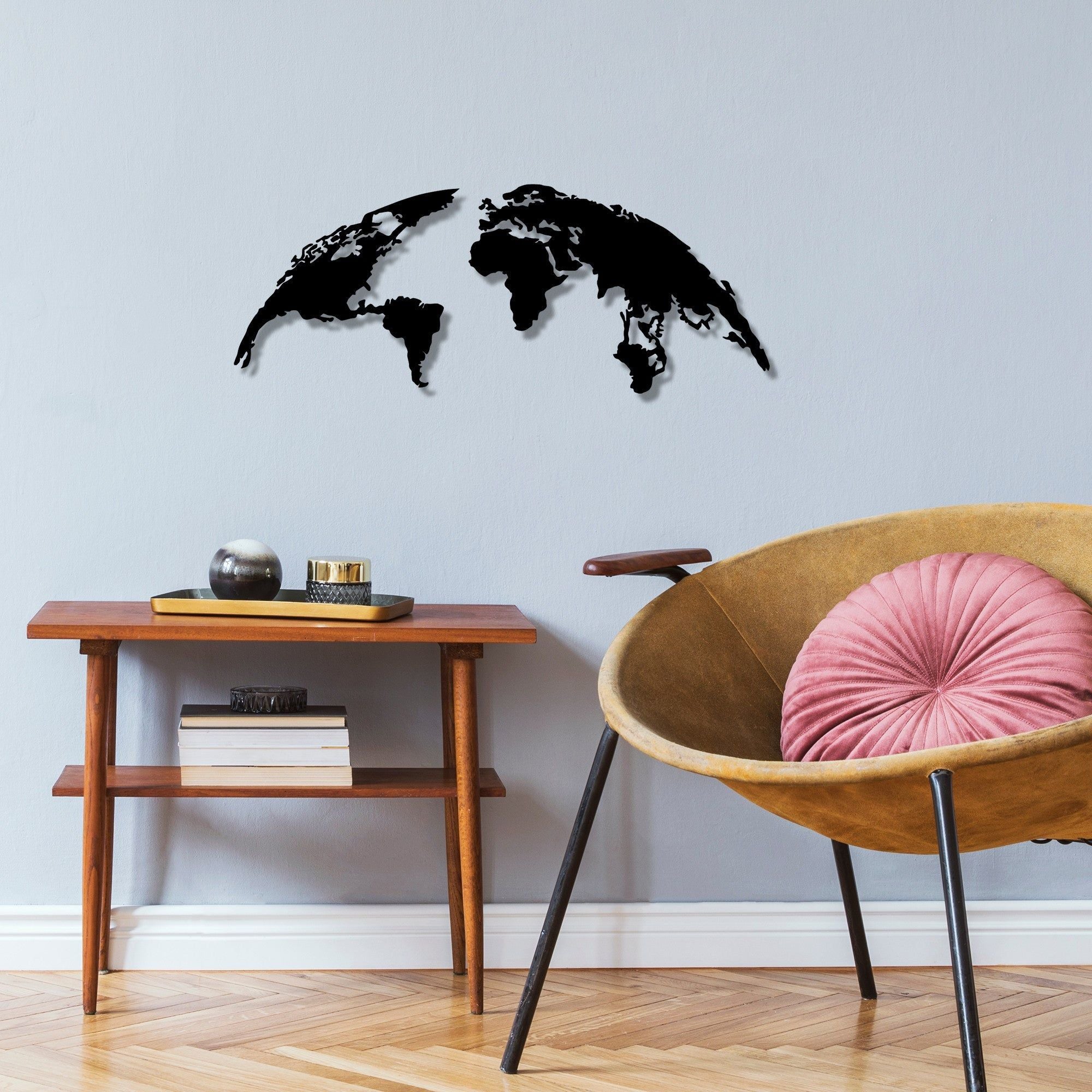 Decoratiune perete WORLD MAP SMALL, negru, metal, 100x39 cm