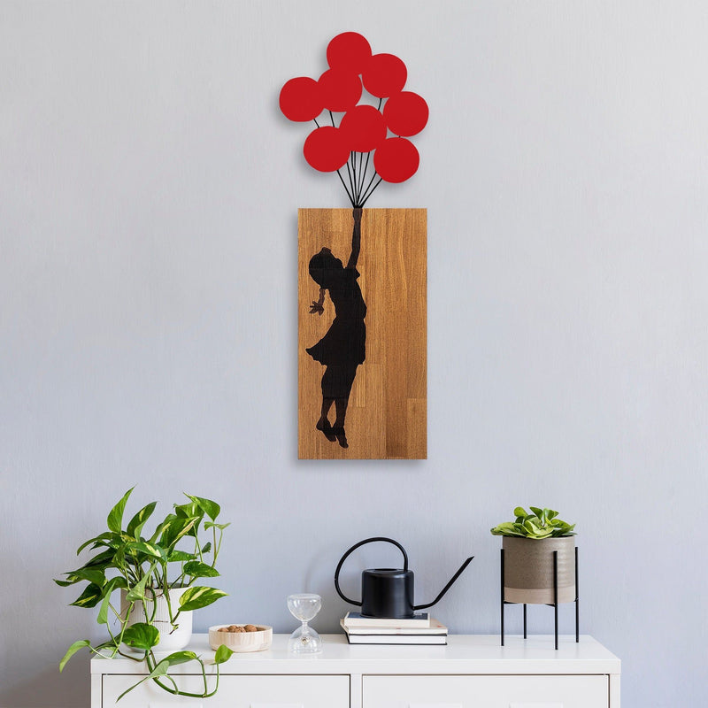 Decoratiune perete BANKSY-17, stejar/negru/rosu, lemn/metal, 34x99 cm