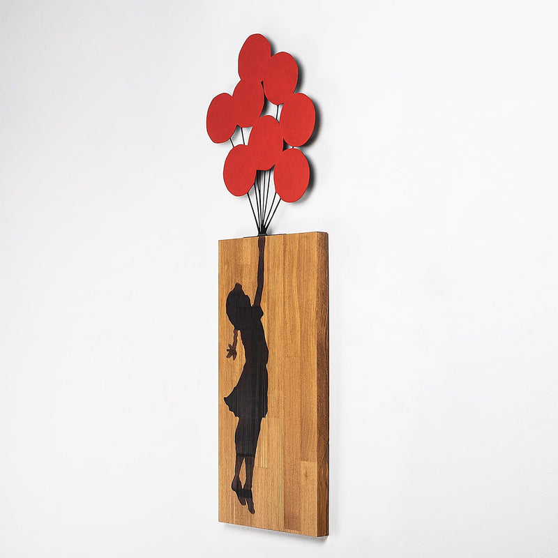 Decoratiune perete BANKSY-17, stejar/negru/rosu, lemn/metal, 34x99 cm