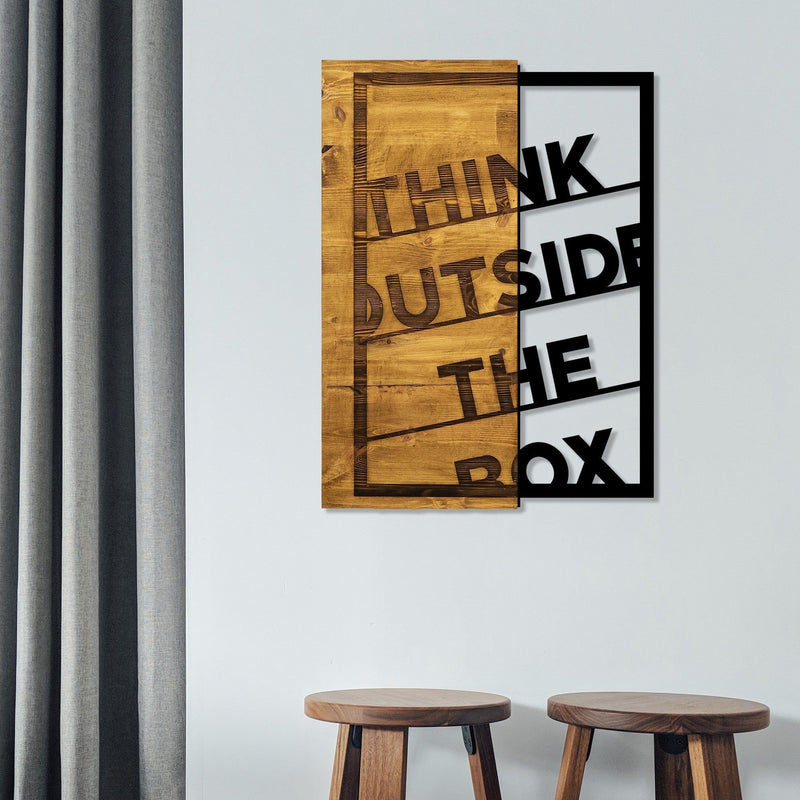 Decoratiune perete THINK OUT THE BOX, stejar/negru, lemn/metal, 42x58 cm